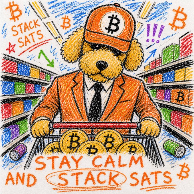 A crayon-style illustration of a dog wearing an orange Bitcoin cap and suit, pushing a shopping cart full of Bitcoin coins, with text reading 'STACK SATS' and 'STAY CALM AND STACK SATS'.