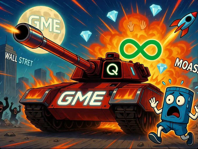 The image features a cartoon illustration of a tank with the word "GME" written on its side, surrounded by explosions and smoke. A character dressed as a robot is running towards the tank while another character wearing shorts is running away from it. The text in the image reads "I'M presenting you the Tank-Q...shoot those shorts into oblivion! ok @ryancohen wen ..." which seems to be a reference to the stock market or a stock trading scenario, possibly related to the GME company.