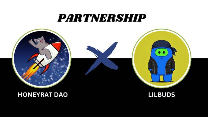 A graphic announcement for a partnership between HONEYRAT DAO, featuring a rat on a rocket, and LILBUDS, featuring a blue ninja-like character.