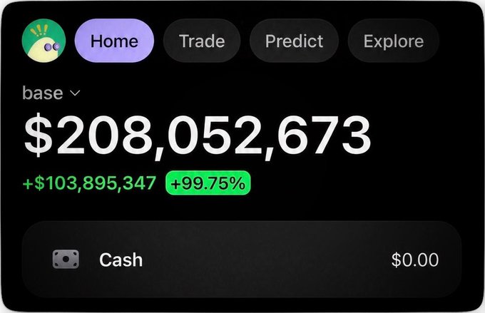 A screenshot of a trading app interface showing a balance of '$208,052,673' with a gain of '+$103,895,347 (+99.75%)' under a 'base' account, with navigation tabs for Home, Trade, Predict, and Explore.