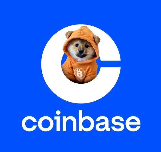 A Coinbase logo parody image featuring a Doge dog wearing an orange Bitcoin hoodie on a blue background with 'coinbase' text below.