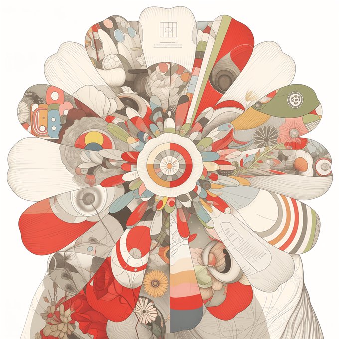 An intricate, abstract mandala-style digital illustration with a central eye/flower motif surrounded by swirling petals in muted reds, greens, and greys.