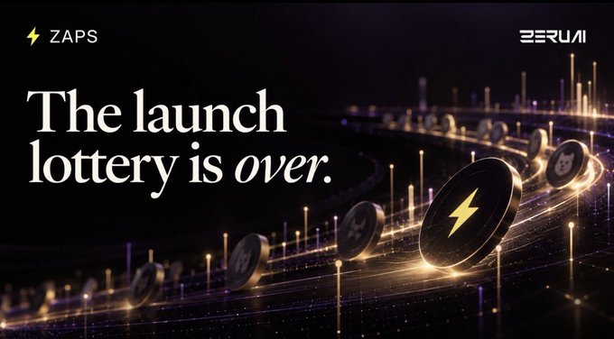 A dark promotional banner for “ZAPS” and “BERU” reads, “The launch lottery is over,” beside glowing black tokens marked with lightning-bolt symbols.