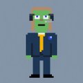 A pixel-art character of a green-faced figure wearing a blue suit and yellow tie, appearing to be a PEPE-style avatar.
