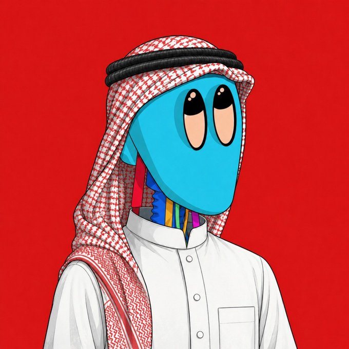 A cartoon character with a blue face and large eyes wears a traditional red and white checkered keffiyeh and white thobe against a bright red background.