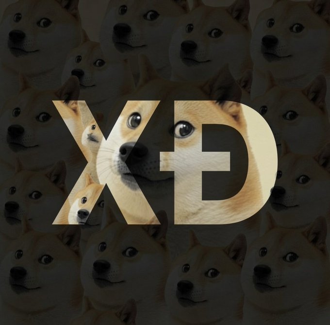 The image shows the "XD" emoji superimposed over a background of Doge memes, representing a "Pay Day" with the cryptocurrency Dogecoin (DOGE). This visually connects the excitement of a payday with the popular meme and cryptocurrency.