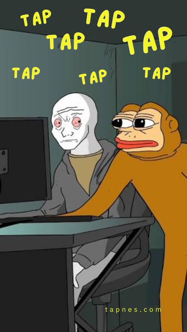 Cartoon meme with the word 'TAP' repeated, showing a white humanoid figure sitting at a computer while a monkey taps on them, watermarked 'tapnes.com'.