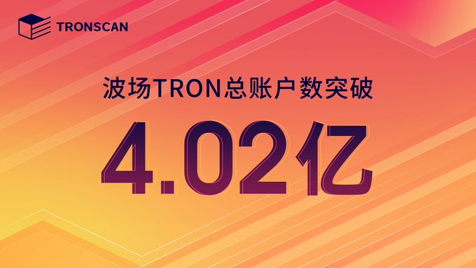 A TRONSCAN graphic announces that TRON's total accounts have surpassed 402 million (4.02亿) in both English and Chinese text.