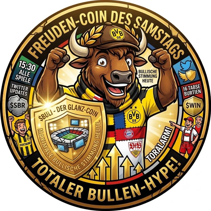 A decorative coin-style graphic featuring a cartoon bull mascot wearing a BVB (Borussia Dortmund) cap and shirt, surrounded by German text including 'FREUDEN-COIN DES SAMSTAGS' and 'TOTALER BULLEN-HYPE!'.