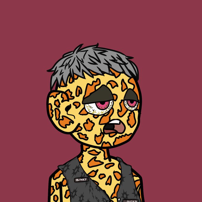 A cartoon character with gray hair, bloodshot pink eyes, and a pizza/cheese-patterned face wearing a dark jacket, with tags 'SINKY' and 'DEAD' visible.
