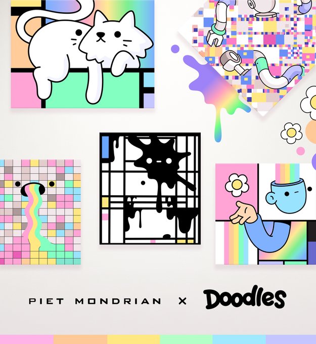 The image features a poster with various cartoon illustrations of cats and flowers. The poster also includes text that reads "SOLD OUT: Mondrian x Doodles Collector's Blind Box Trading is live now. Reveal 12pm ET June 5th. Physical print redeemable sale drops today at 4pm ET, exclusively on @OpenSea". This post seems to be promoting a collection of artwork by Piet Mondrian and featuring the phrase "SOLD OUT: Mondrian x Doodles Collector's Blind Box Trading is live now. Reveal 12pm ET June 5th." The poster also includes a link to an online store where one can purchase these artworks directly from their website.