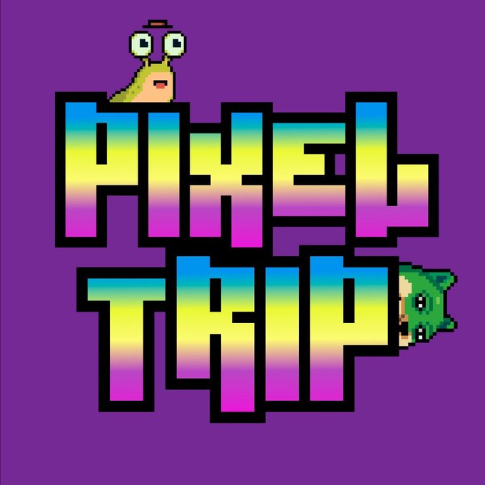 A vibrant pixel-art logo featuring the bold gradient text "PIXEL TRIP" with a green snail character peeking from the top and another character on the right, set against a purple background. The image appears to celebrate winners of a Pixel Trip giveaway or NFT collection, highlighting the colorful retro gaming aesthetic associated with the project.