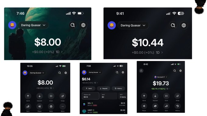 The image shows five screenshots of a mobile app called "Daring Quasar" displaying account balances ranging from $6.14 to $19.73, with most showing a "+$0.00 (+0%) 1D" change and one showing "+$0.75 (+7.62%) 1D," illustrating earnings progression referenced in the post about making "$1 to $100 daily" through bounties on @gib_work.