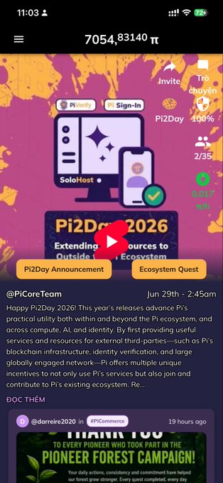 A mobile app screenshot showing a Pi Network account with 7054.83140π balance, displaying 'Pi2Day 2026' announcement and Ecosystem Quest features.
