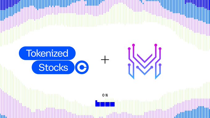 A graphic announcing Coinbase Tokenized Stocks (labeled "Tokenized Stocks" with the Coinbase logo) partnering with Maestro, featuring a "+" between the two brand logos against a colorful striped background, with "ON" displayed at the bottom — visually representing the collaboration mentioned in the post where Maestro becomes one of the first bots to trade Coinbase's newly available tokenized stocks on the Base network.