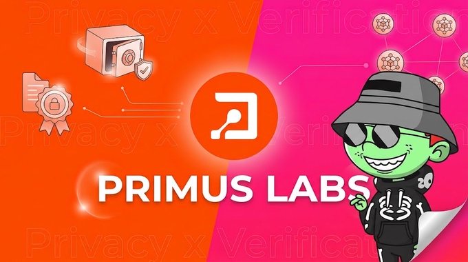 A promotional banner for 'PRIMUS LABS' featuring a green cartoon character with sunglasses, a hat, and hoodie, alongside a logo and graphics of a safe and certificate with the text 'Privacy x Verification'.