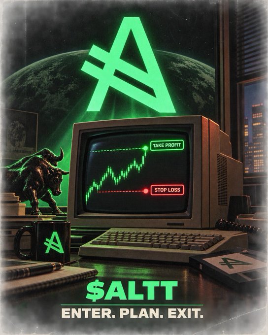 A promotional graphic for the $ALTT token featuring a retro computer monitor displaying a stock chart with 'TAKE PROFIT' and 'STOP LOSS' indicators, with the tagline 'ENTER. PLAN. EXIT.'