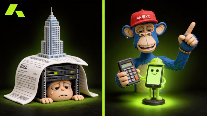 A split-screen digital illustration showing a sad figure under a server rack and a "BILL" document on the left, and a cartoon monkey wearing a "BAYC" red cap holding a calculator next to a green glowing figure on the right.