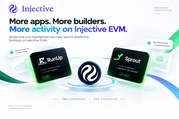 A promotional banner for Injective EVM announcing 'More apps. More builders. More activity,' highlighting two new launch platforms: RunUp (Token Launches + Stock Perps) and Sprout (Fair Launches + Liquidity on Choice).