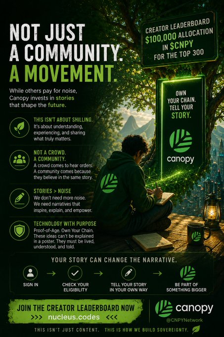 The image features an advertisement poster promoting a community program called "Canopy". The poster includes a man sitting under a tree with a book, symbolizing the importance of reading and learning within the community. The poster also highlights that this program is not just about paying others to listen but rather creating a movement towards a better future for everyone involved. It encourages people to join the creator leaderboard now and contribute to the creation of a more sustainable and inclusive society by supporting Canopy's initiatives.