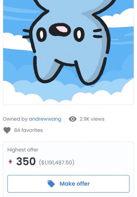 The image shows an NFT listing of a cartoon cat with a "Highest offer" of 350 ETH ($1,191,487.50), which exemplifies the post's point about 2021's NFT mania where real people received over $1 million offers for cartoon cat images but held out for more.