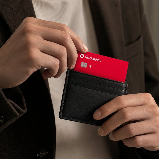 A person in a dark blazer pulls a red 'RedotPay' card from a black leather wallet.