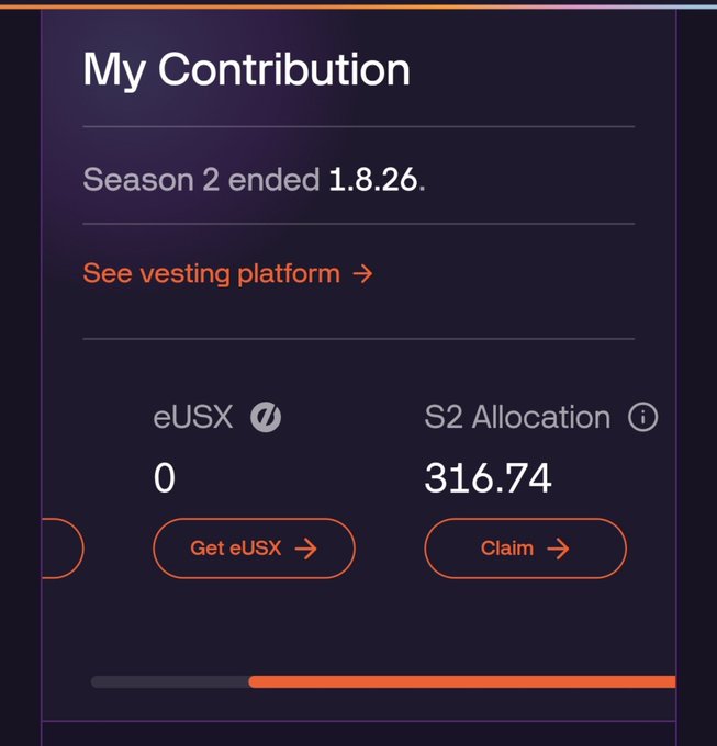 A "My Contribution" dashboard showing Season 2 ended 1.8.26 with an S2 Allocation of 316.74 tokens, corresponding to the user's claim of earning 300 $SLX tokens at zero cost during Season 2.