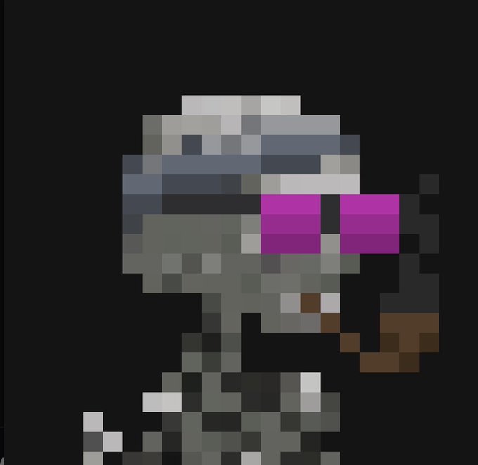 Pixel art of the Transformer character Soundwave featuring his signature silver helmet and pink visor.