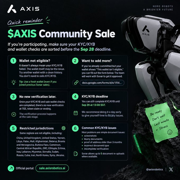 An informational flyer for the '$AXIS Community Sale' reminding participants to complete KYC/KYB and wallet checks by Sep 28, with details on restricted jurisdictions and common issues, branded by AXIS Robotics.