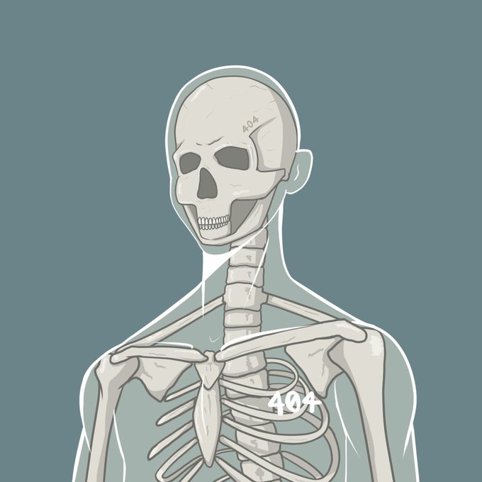 A stylized digital illustration depicts a human skeleton from the chest up, rendered in pale cream tones against a muted teal background, with the number "404" marked on both the skull's forehead and the ribcage. The artwork relates to the post as a gifted 1/1 piece from the 404 Ethereum community, with the recurring "404" branding serving as the artist's signature on the anatomical sketch.