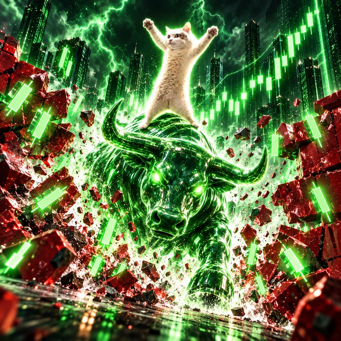 A dramatic digital artwork showing a cat with raised paws riding atop a glowing green metallic bull, set against a backdrop of stock market charts and a stormy cityscape.