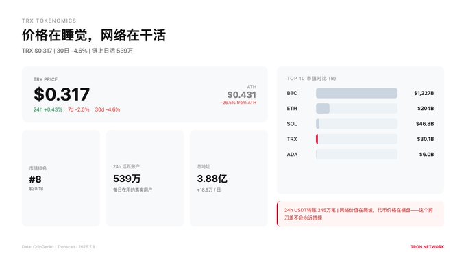 A TRX Tokenomics page from Tron Network showing TRX PRICE at $0.317 (-4.6%), 24h active accounts of 5.39 million, and a top 10 crypto comparison including BTC ($1,227B), ETH ($204B), SOL ($46.8B), TRX ($30.1B), and ADA ($6.0B).