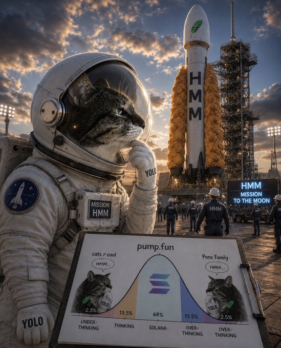 A tabby cat in a NASA spacesuit labeled "YOLO" poses thoughtfully in front of a rocket branded "HMM" lifting off from a "Mission HMM" pad, while a chart displays token distribution percentages for $HMM on pump.fun showing "Thinking" 13.5%, "Solana" 68%, and "Over-Thinking" 13.5% alongside cats labeled "cats r cool" and "Pons Family." The image visually reinforces the post's urgency about the $HMM meme launch on Solana via the PONS launchpad, with the "thinking" cat humorously illustrating the distribution categories investors fall into before deciding to ape in.