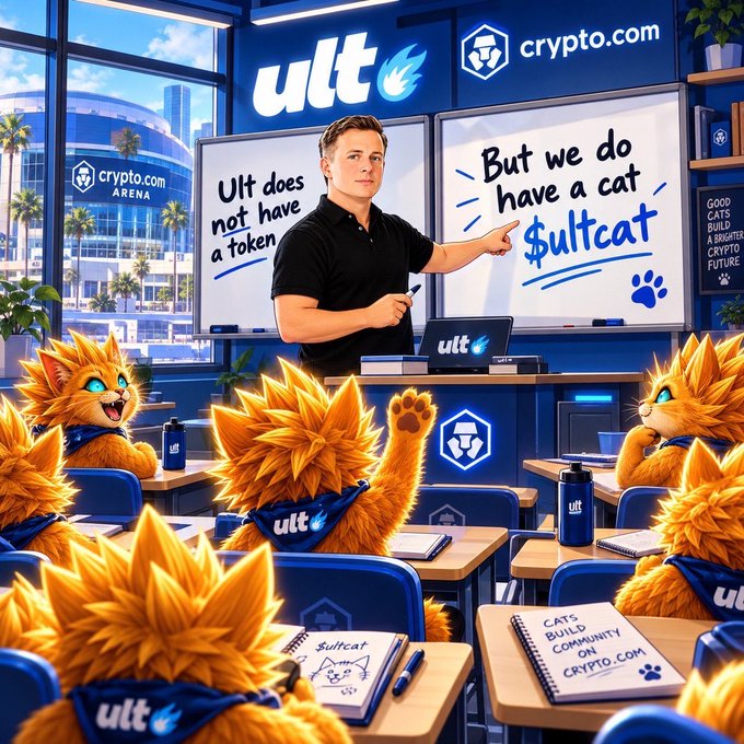 A vibrant illustrated promotional image showing a man at a whiteboard with 'Ult does not have a token' and 'But we do have a cat $ultcat', surrounded by orange cats wearing 'ult' bandanas in a classroom setting with crypto.com Arena visible in the background.