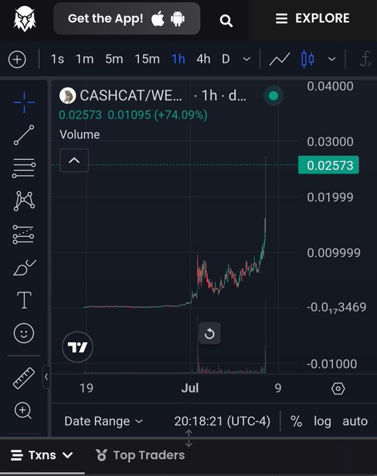 A TradingView chart shows the CASHCAT/WE... token price rallying sharply, currently at 0.02573 (up +74.09% from 0.01095) on the 1-hour timeframe, visually supporting the post's bullish "stop fading robinhood chain $CASHCAT" sentiment.