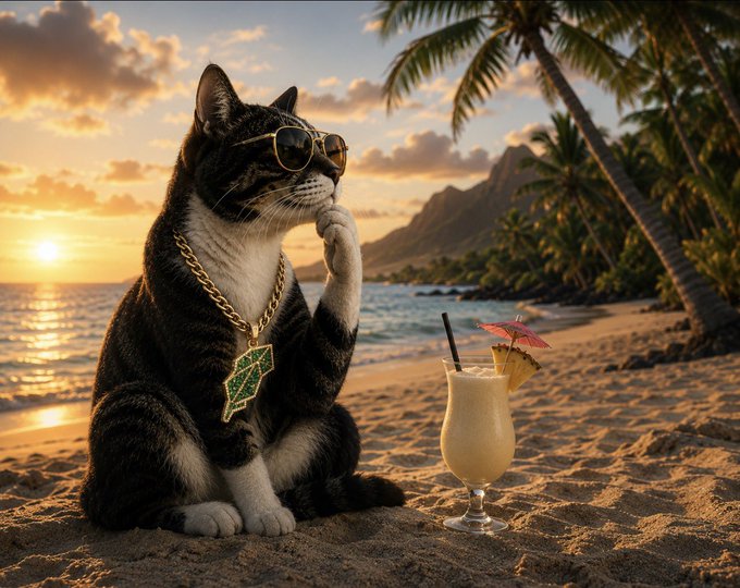A stylish tabby cat wearing sunglasses and a large green gemstone chain sits on a sandy beach at sunset next to a tropical cocktail, with palm trees and mountains visible in the background.