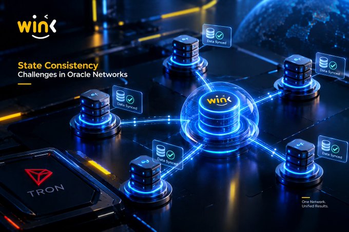 A dark, futuristic promotional image for "WINk" titled "State Consistency Challenges in Oracle Networks," displaying a network of glowing blue database nodes syncing data around a central WINk logo, with Tron branding at the bottom.