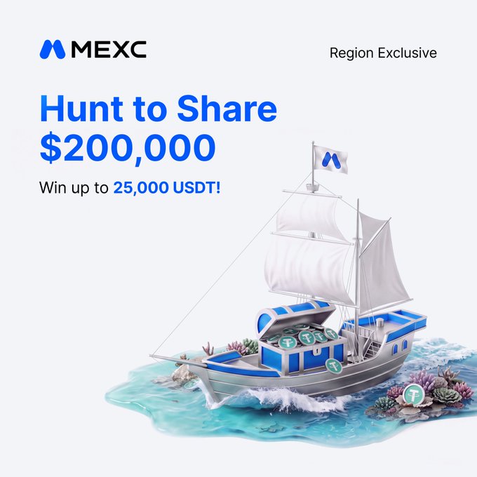 A promotional banner for MEXC cryptocurrency exchange featuring a treasure ship filled with USDT coins sailing on the ocean, with text reading "Hunt to Share $200,000 - Win up to 25,000 USDT!" and "Region Exclusive" in the top right.