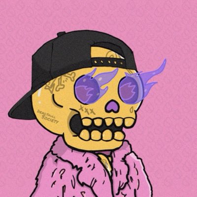 A digital illustration of a stylized skull character wearing a backwards black cap with gold detail, purple flame-shaped sunglasses, and a pink fuzzy jacket, with 'DEAD TOOLS SOCIETY' text visible on the cap.