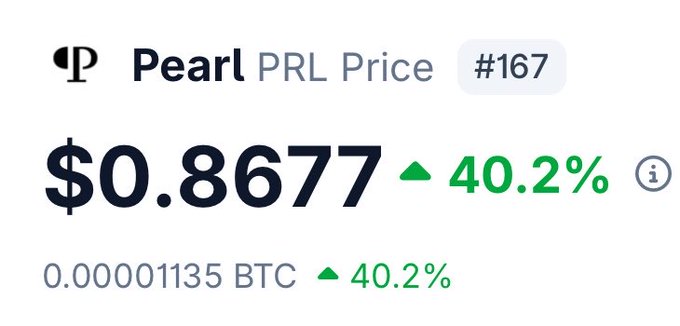 A price display showing Pearl (PRL) at $0.8677, up 40.2%, ranked #167.