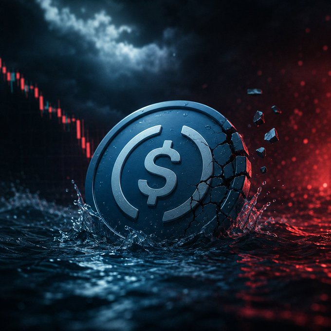 A cracked USDC ($) stablecoin plunges into dark waters against a backdrop of red bearish candlesticks, symbolizing a depeg event where the token loses its $1 peg. The dramatic imagery visually reinforces the post's warning about stablecoins straying from their dollar value during market turmoil.