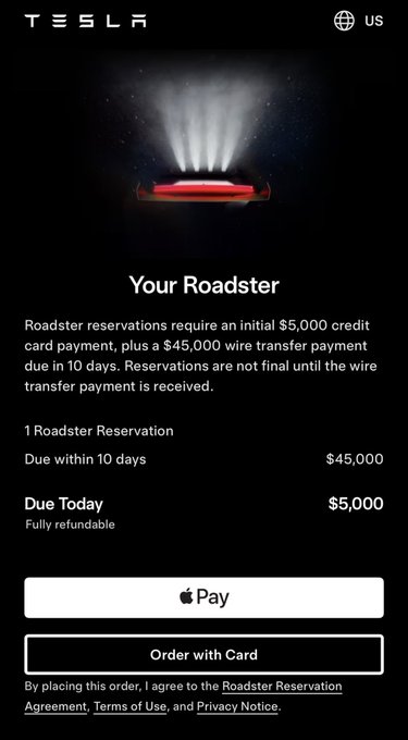 The image shows a Tesla checkout screen for reserving a Roadster, displaying a $5,000 refundable credit card payment due today and a $45,000 wire transfer due within 10 days. The user is requesting that Tesla accept Dogecoin as payment, highlighting their preference for cryptocurrency over traditional wire transfer methods.