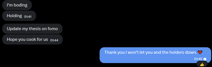 A text message conversation showing messages like 'I'm bidding', 'Holding', 'Update my thesis on fomo', and 'Hope you cook for us', with a reply stating 'Thank you I won't let you and the holders down. ❤️'