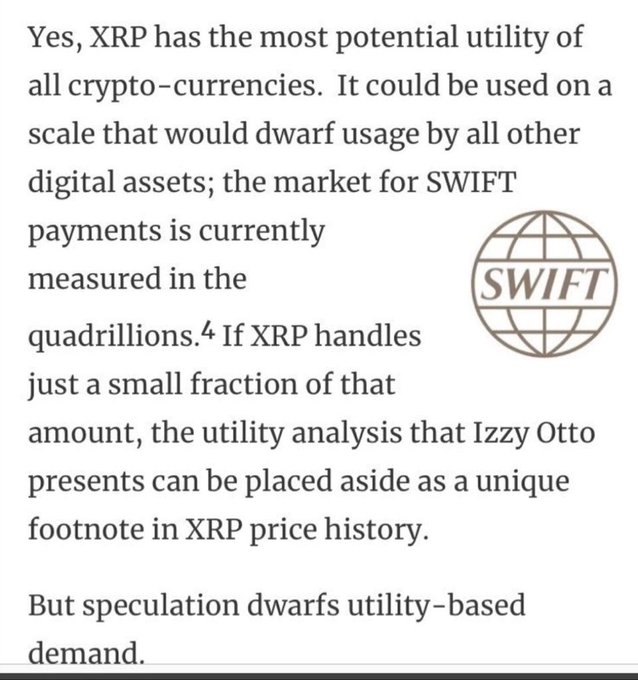 Article excerpt discussing XRP's potential utility in disrupting the SWIFT payment system, with the SWIFT globe logo.