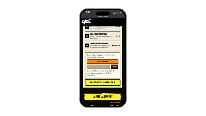 The image shows a smartphone displaying the Cade prediction market app, with a referral page featuring "SHARE MEME MADNESS ON X" buttons and an orange "CREATE FREE PROFILE" call-to-action. This visual supports the post by highlighting the platform's referral and prize-based onboarding promotion tied to the meme market competition and $TOAD giveaway.