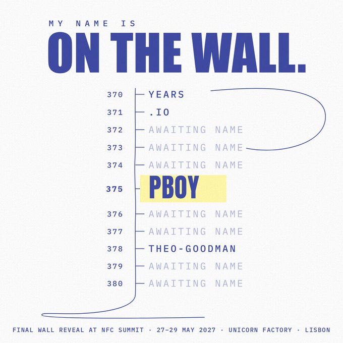 A promotional graphic titled "MY NAME IS ON THE WALL" showing a numbered list from 370-380 with most entries marked "AWAITING NAME," except for slot 375 which displays "PBOY" highlighted in yellow, noting a final wall reveal at NFC Summit 27-29 May 2027 in Lisbon.