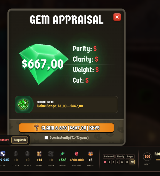 A 'GEM APPRAISAL' screen from a game showing an uncut green gem valued at $667.00 with S rankings in Purity, Clarity, Weight, and Cut, available to claim for 6,670 keys.