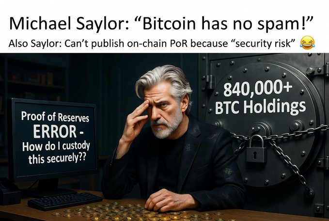 The image is a meme mocking Michael Saylor, featuring him looking stressed in front of a vault labeled "840,000+ BTC Holdings," with text highlighting the contradiction of him claiming "Bitcoin has no spam!" while refusing to publish on-chain Proof of Reserves due to "security risk."