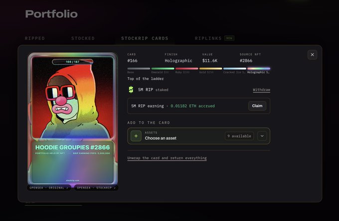The image shows a Stockrip portfolio page displaying a "Hoodie Gropius #2866" holographic NFT card (valued at $11.6K), which is staked in the $RIP ecosystem and currently earning 0.01182 ETH in rewards with a Claim button available. This directly supports the post's claim about staking $RIP to earn ETH from fees on stockrip.com.