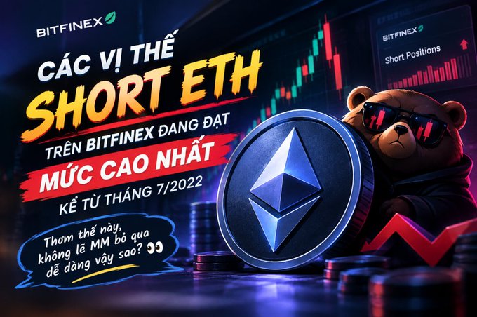 A Bitfinex promotional graphic featuring a bear character in sunglasses holding an Ethereum coin, with Vietnamese text reading 'CÁC VỊ THẾ SHORT ETH TRÊN BITFINEX ĐANG ĐẠT MỨC CAO NHẤT KỂ TỪ THÁNG 7/2022' against a backdrop of red candlestick charts.